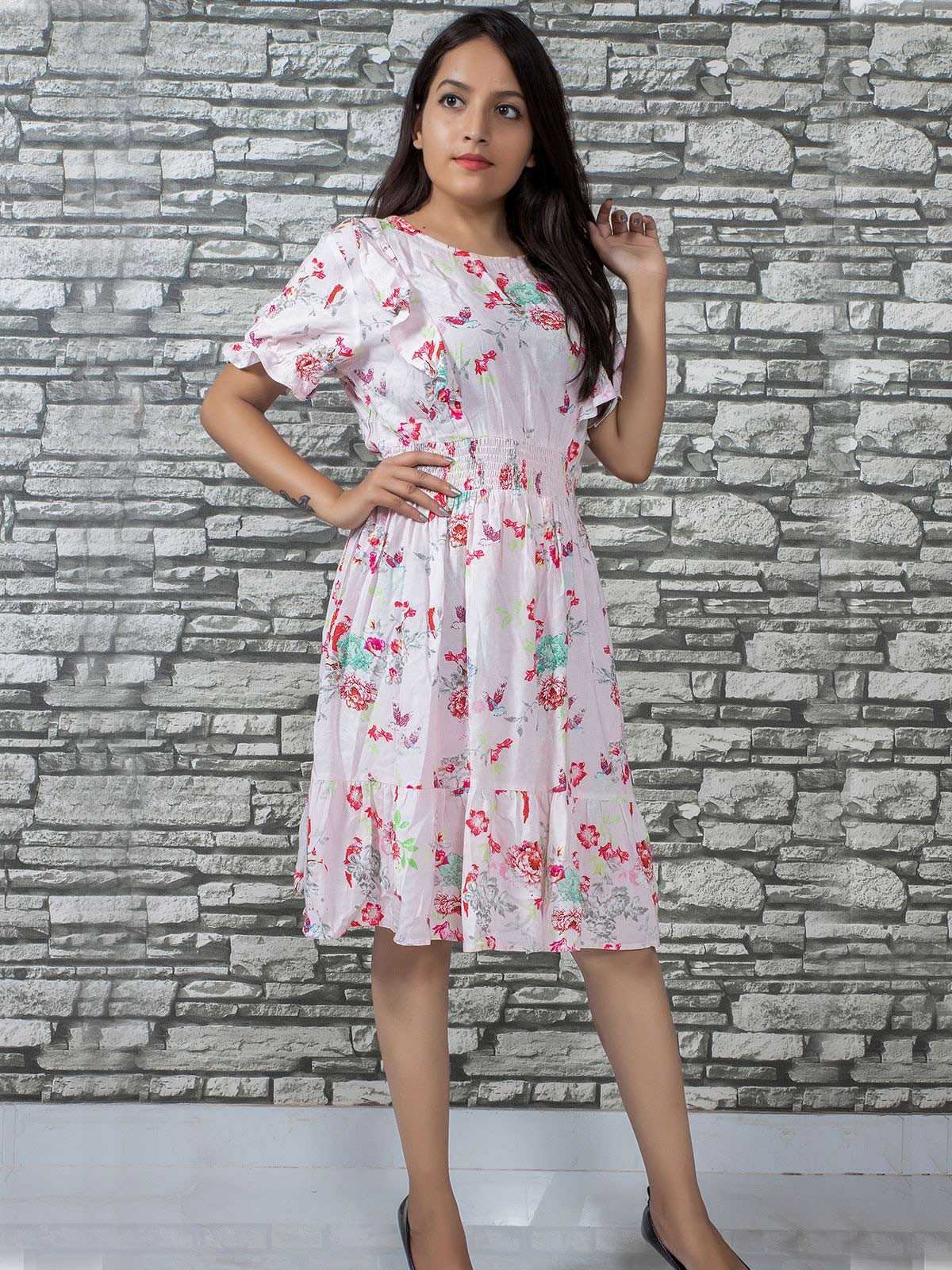 FLORAL PRINTED KNEE LENGTH DRESS
