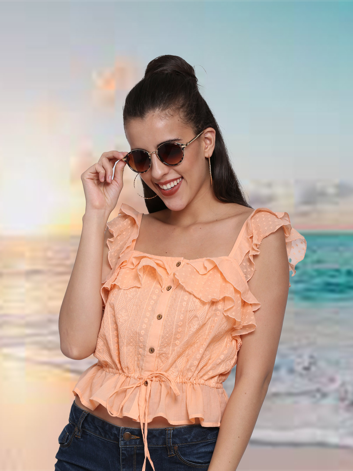 Ruffle strap hot sale crop top