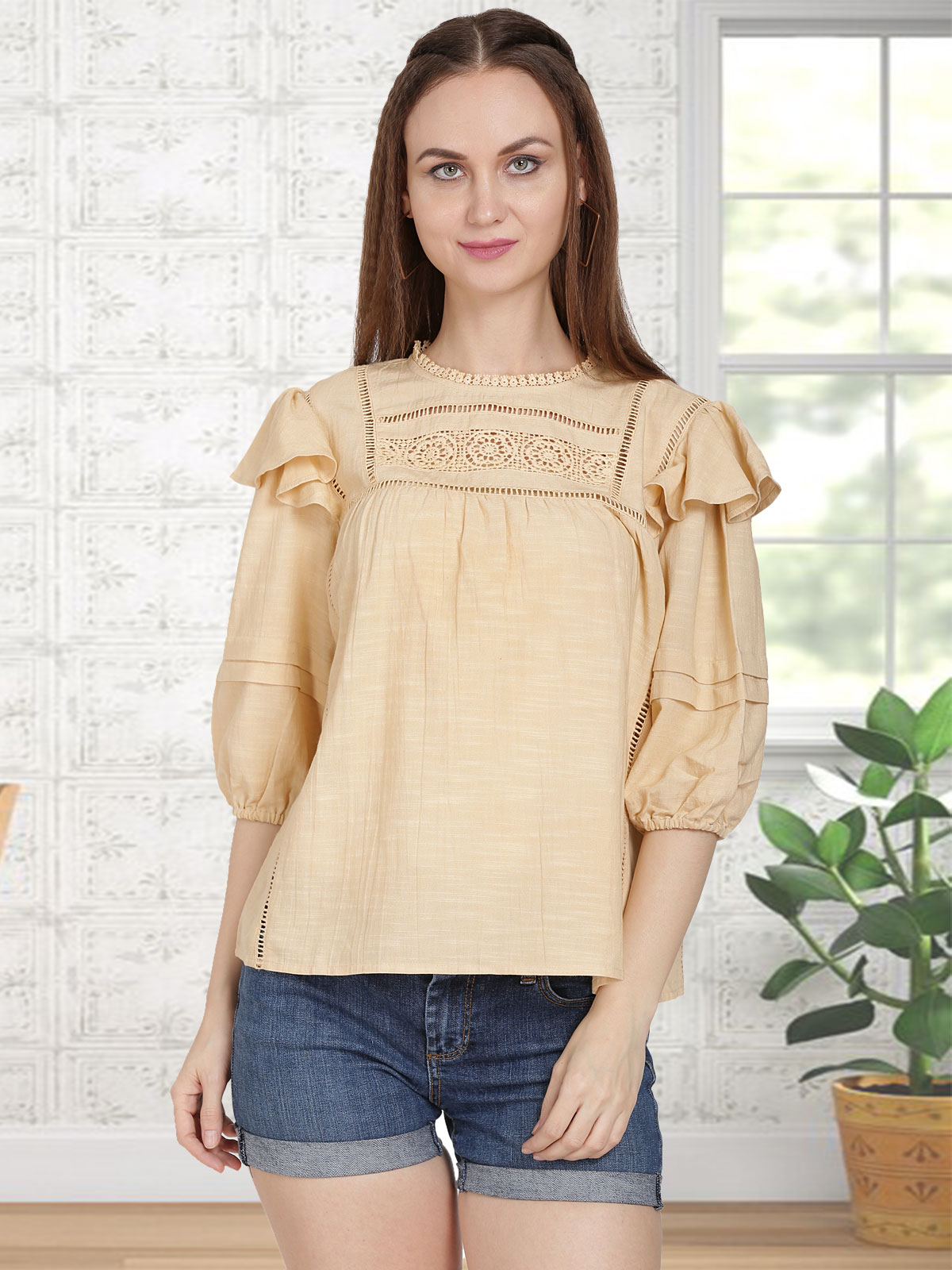 RAYON BLOUSE WITH INSERTED LACE