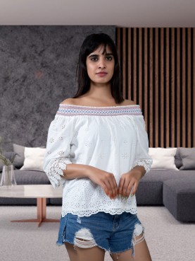 SCHIFFLY OFF SHOULDER SLEEVE TOP-front